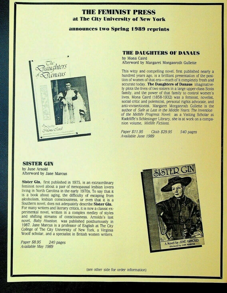 The Feminist Press of CUNY 1989 Ad Sheet Mona Caird June Arnold