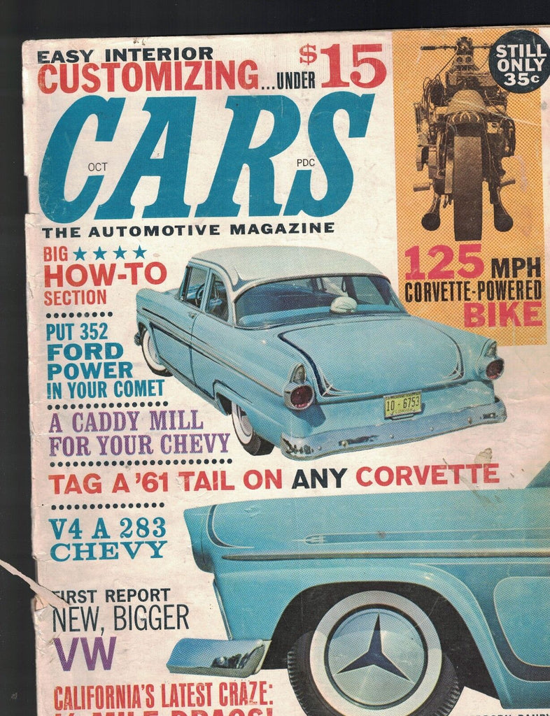 Cars Magazine October 1961 Corvette Powered Bike VW 1/2 Mile Drag Races