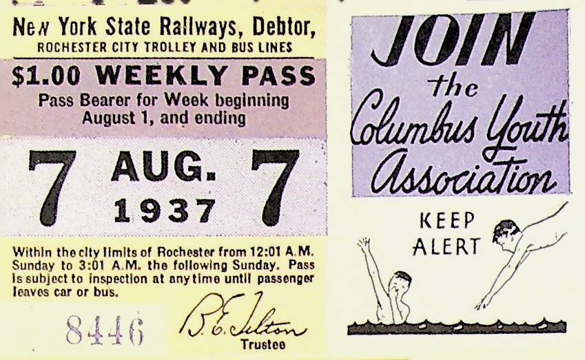 Rochester City Trolley & Bus Lines Pass August 7 1937 Columbus Youth Association