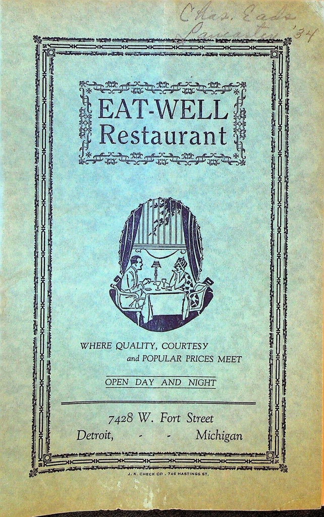 Eat-Well Restaurant Menu Detroit Michigan 1934