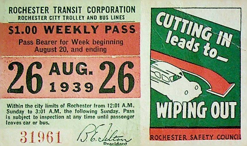 Rochester City Trolley & Bus Lines Pass August 26 1939 National Safety Council