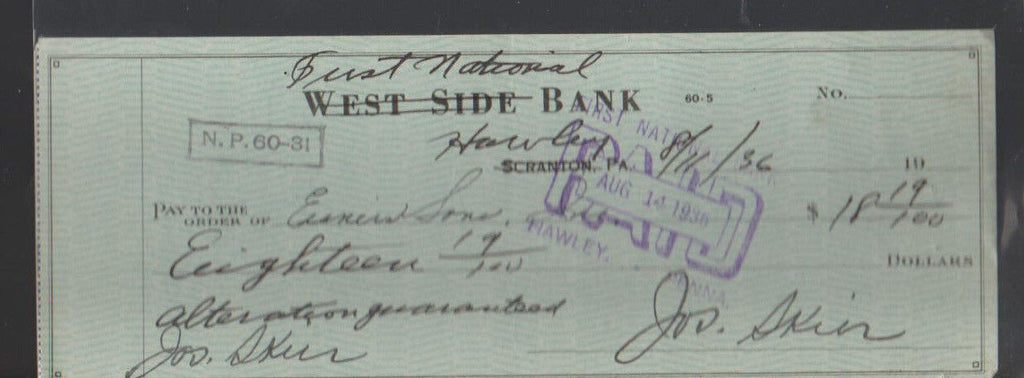 West Side Bank Scranton Pa Used Check 1936