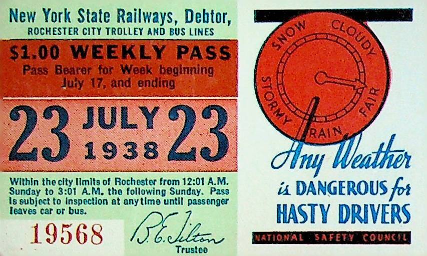 Rochester City Trolley & Bus Lines Pass July 23 1938 Safe Drivers