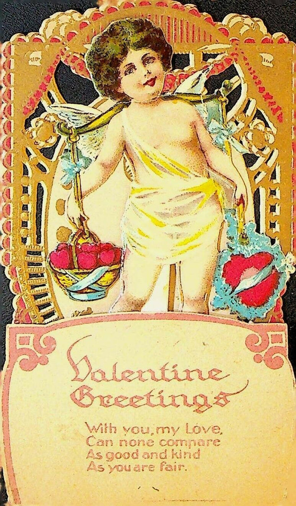 Valentine Greetings Vintage Standup Card Germany Cherub Heart Apples