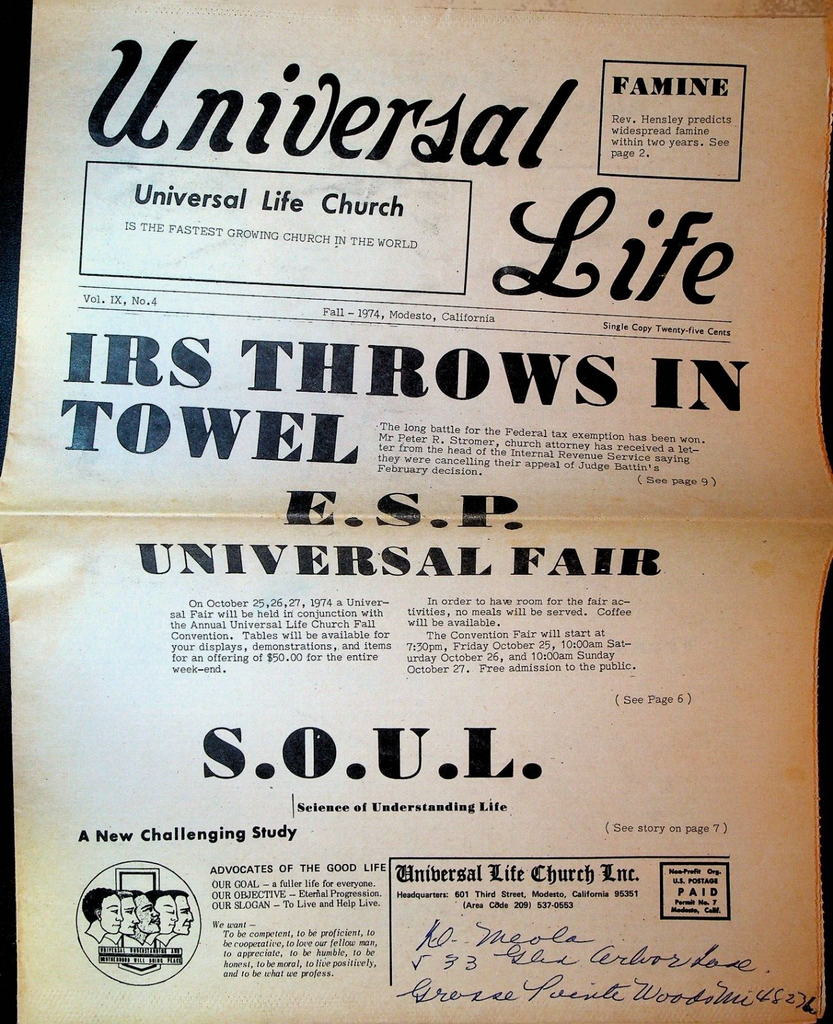 Universal Life Church Magazine Fall 1974 Sam Sweet Glenn Ford