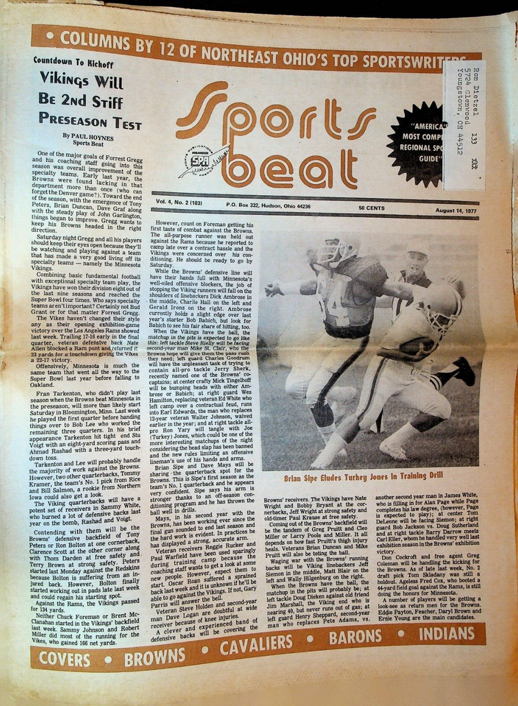 Sports Beat Magazine August 14 1977 Brian Sipe Turkey Jones Cleveland Browns
