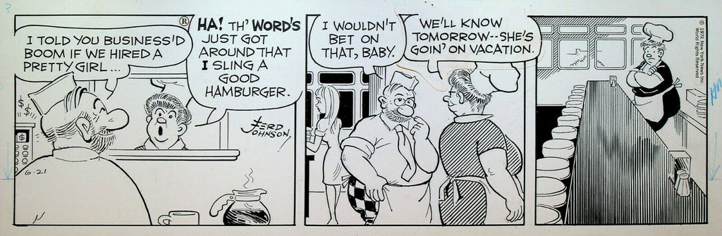 Moon Mullins Original Comic Strip Art Ferd Johnson June 21 1972 Diner