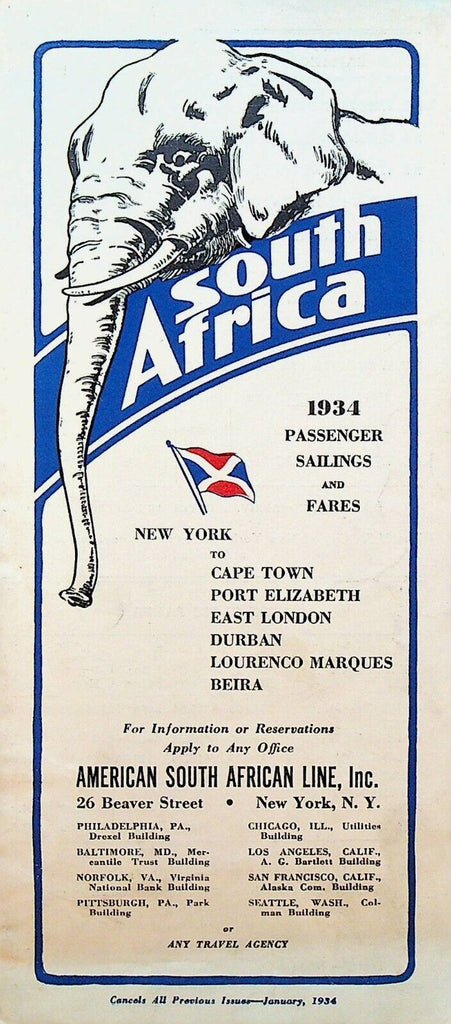South Africa 1934 Passenger Sailings Fares Brochure American South African Line