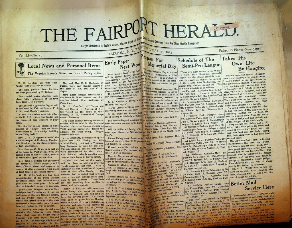 Fairport NY Herald Newspaper May 23 1923 Local Ads & News Semipro Baseball