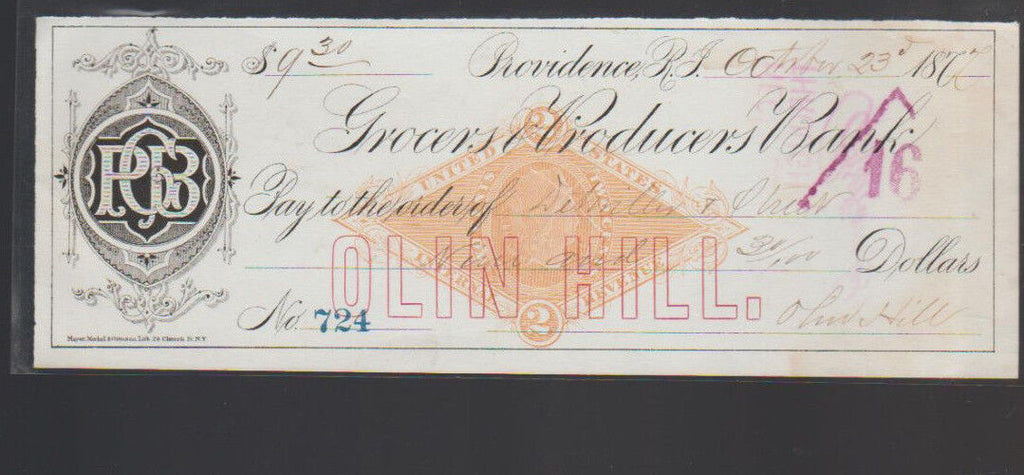 Grocers & Producers Bank Providence Rhode Island Used Check 1872 Olin Hill
