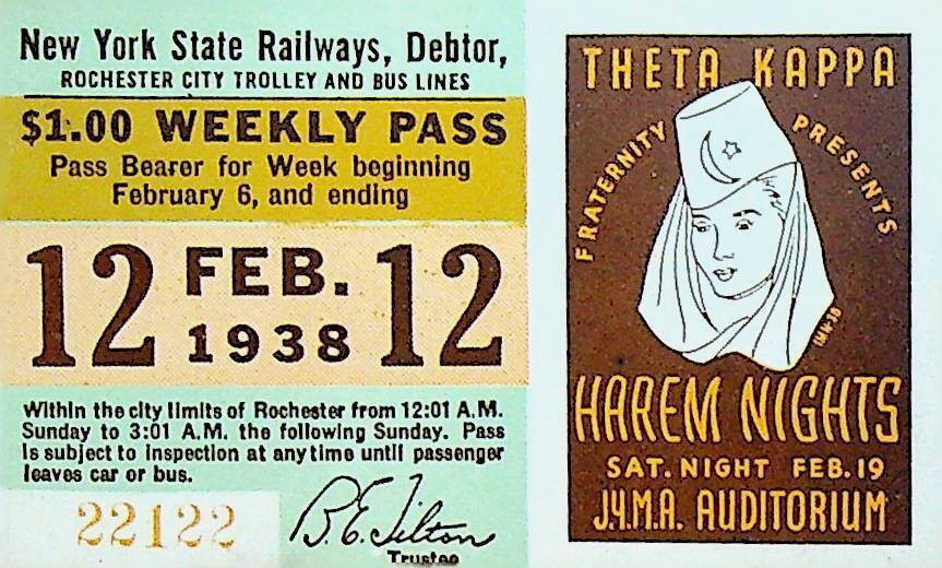 Rochester City Trolley & Bus Lines Pass February 12 1938 Theta Kappa