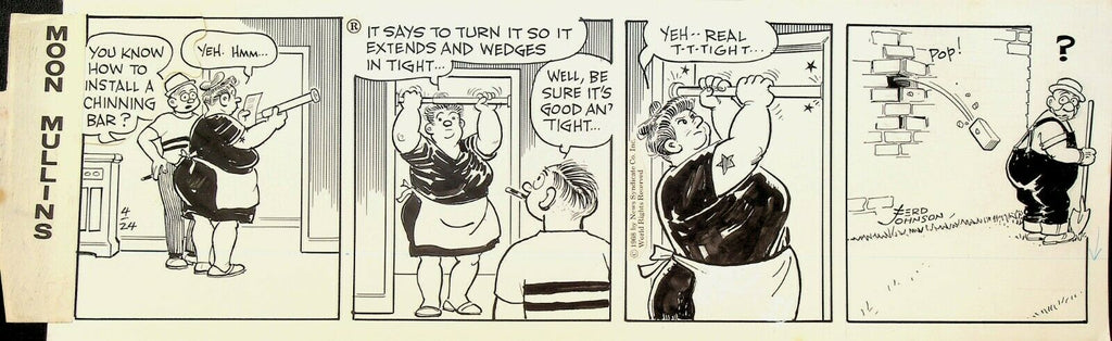 Moon Mullins Ferd Johnson Original Comic Strip Art April 24 1968 Chin-Up Bar