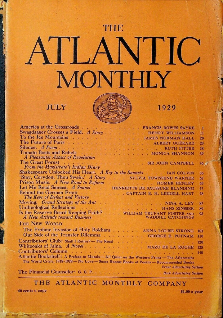 Atlantic Monthly Magazine July 1929 William Shakespeare Mazo de la Roche