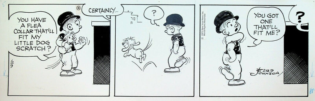 Moon Mullins Original Comic Strip Art Ferd Johnson June 9 1972 Flea Collar