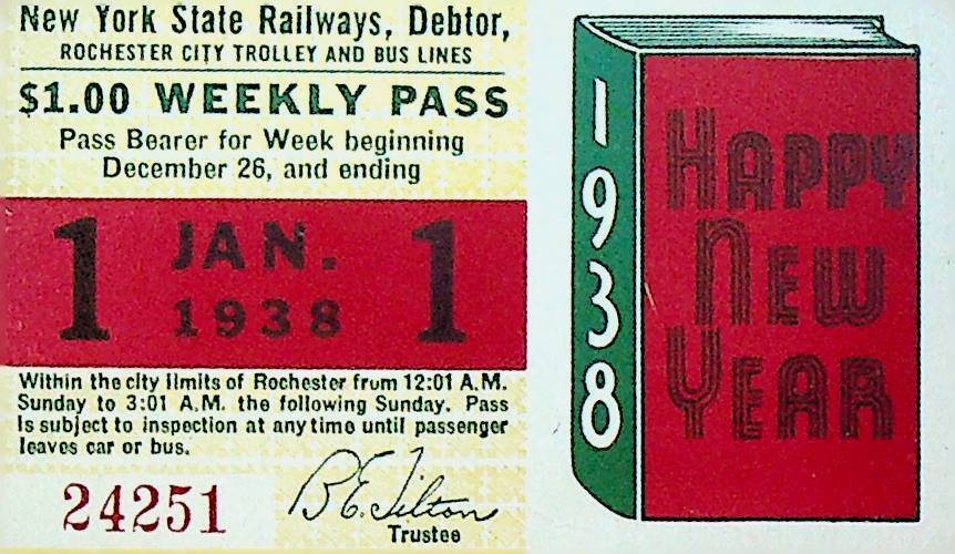 Rochester City Trolley & Bus Lines Pass January 1 1938 Happy New Year