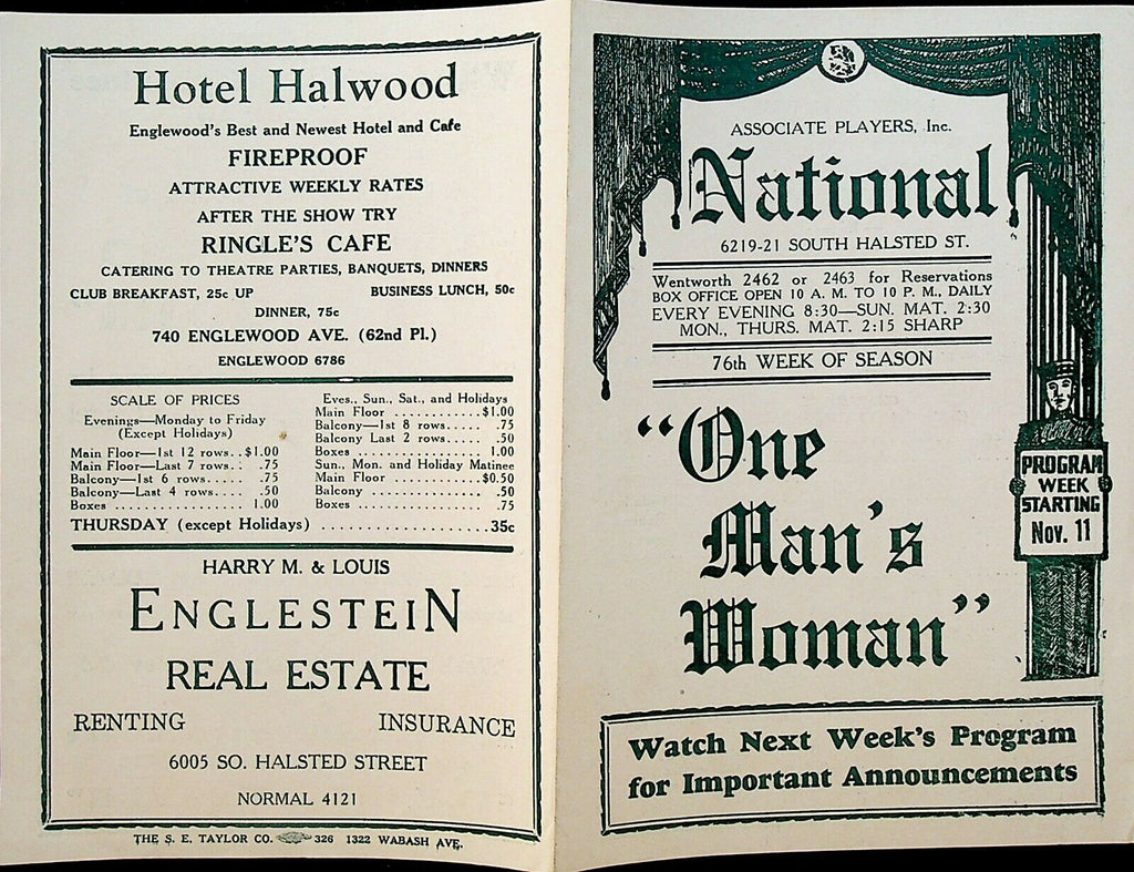 One Man's Woman Program November 11 1928 National Theater Chicago Il