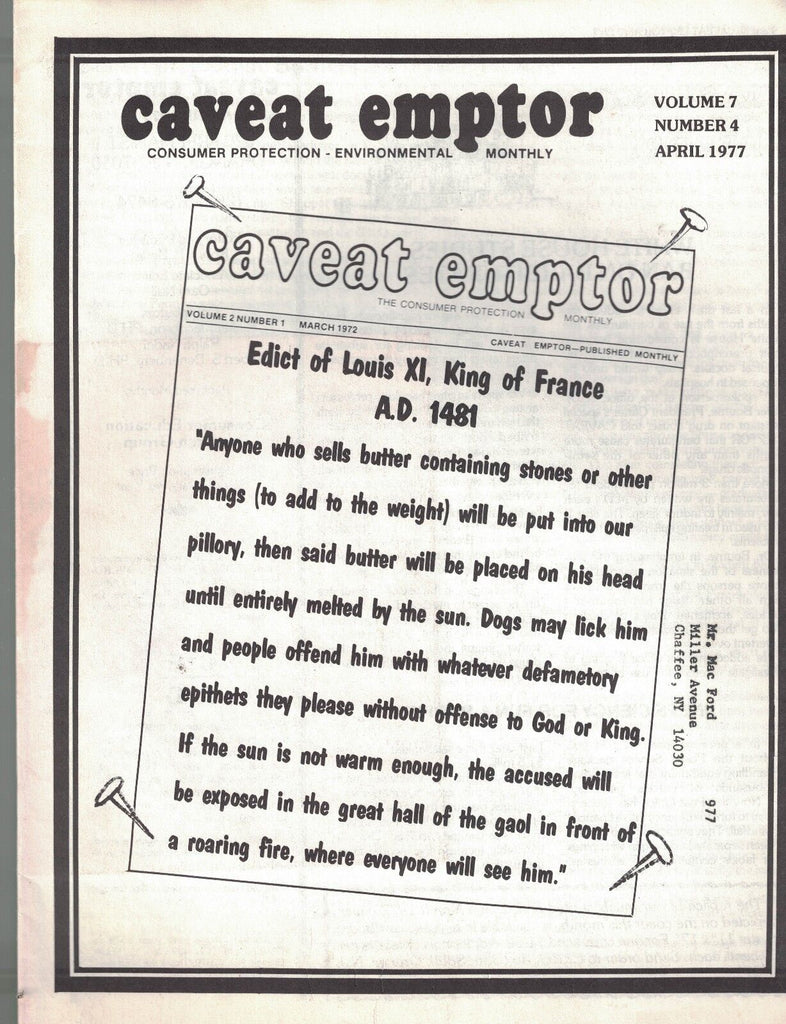 Caveat Emptor Magazine April 1977 Fast Foods Coins Saccharin