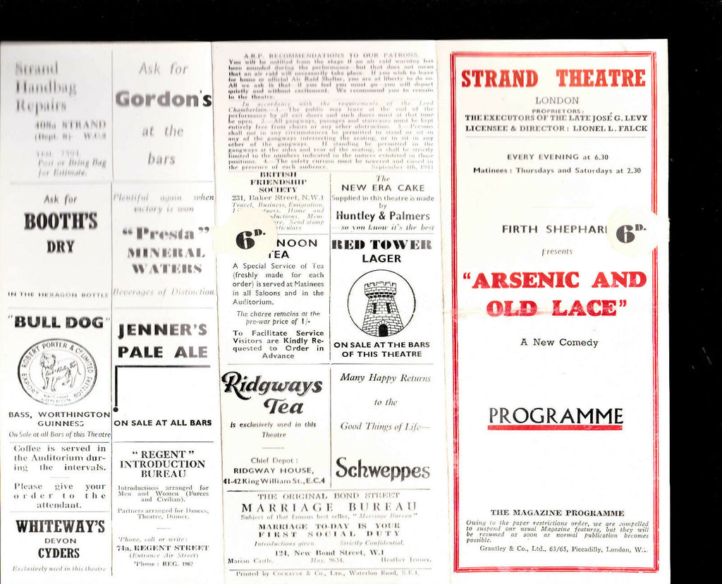 Arsenic & Old Lace Strand Theatre 1945 Programme Lilian Braithwaite