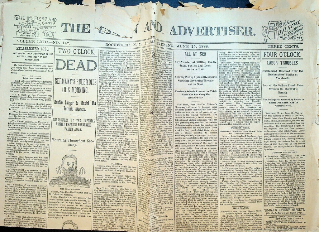 Rochester NY Union Advertiser June 15 1888 Emperor Frederick III Dies Germany