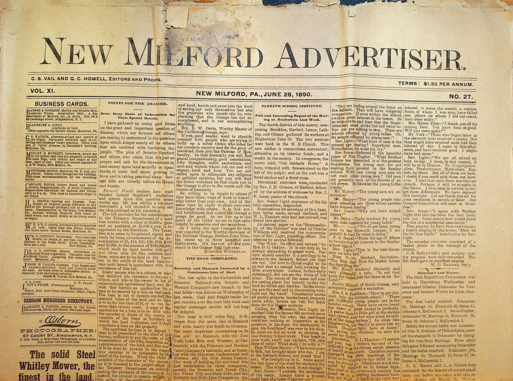 New Milford Pa Advertiser Newspaper June 28 1890 Baseball Standings