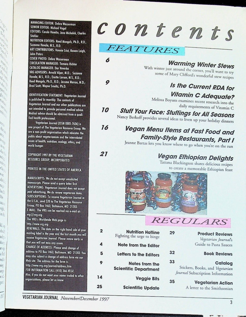 Vegetarian Journal Vol XVI #6 1997 Ethiopian Delights Pasta Sauces