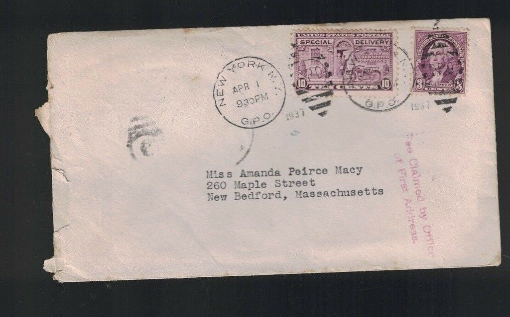 Hotel Holley New York City Cover 1937 GPO Hand Cancel Special Delivery