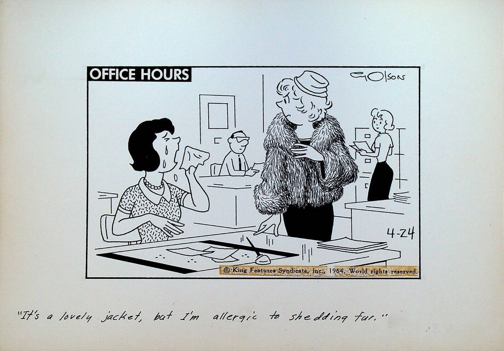 Office Hours by Cy Olson Original Comic Strip Art April 24 1964 Fur Coat