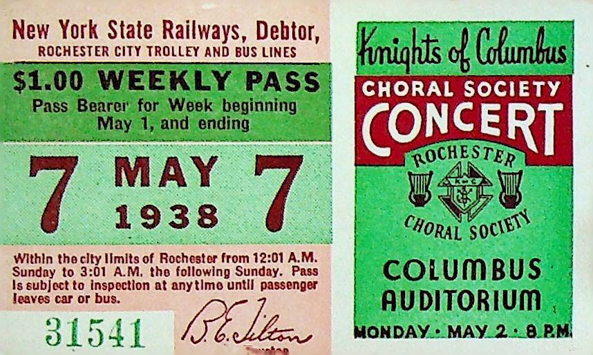 Rochester City Trolley & Bus Lines Pass May 7 1938 Knights of Columbus