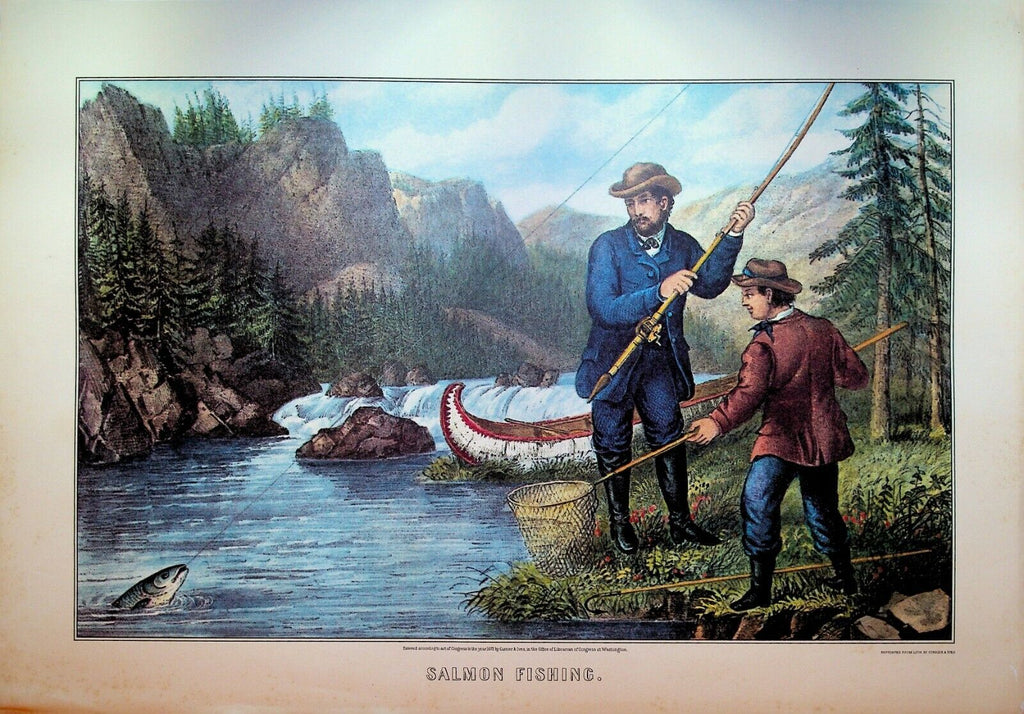 Currier & Ives Calendar Topper 1970 Salmon Fishing Canoe