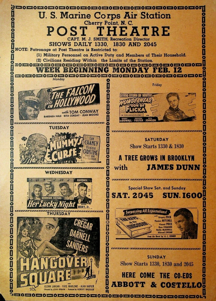 US Marine Corps Air Station Post Theatre Cherry Point NC Ad Herald Movies 1945