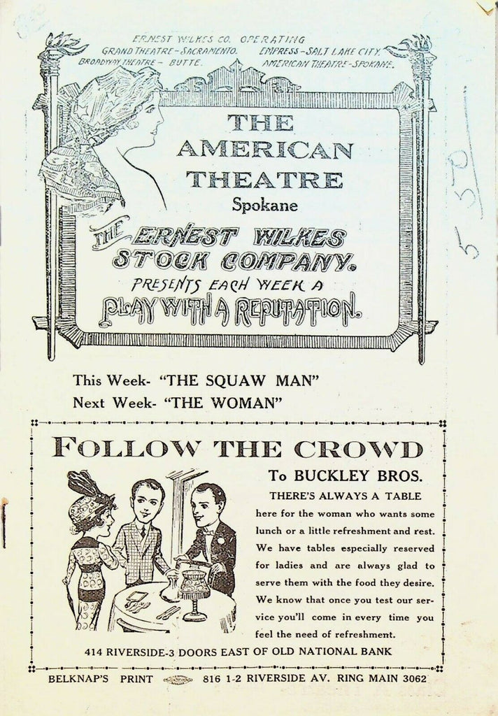 American Theatre Spokane Squaw Man Ernest Wilkes Stock Company Program