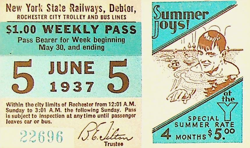 Rochester City Trolley & Bus Lines Pass June 5 1937 YMCA Summer