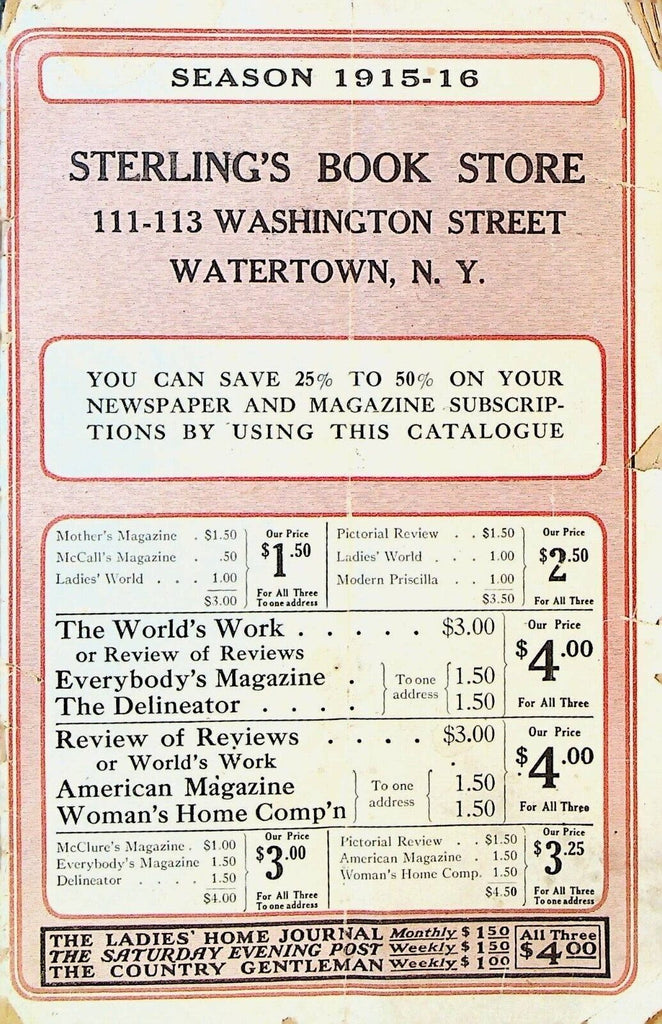 Sterling's Book Store Watertown NY 1915 Book & Magazine Catalog
