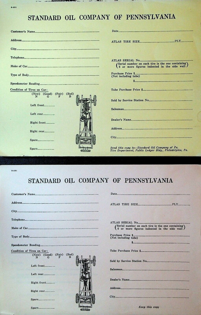 Standard Oil Company of Pennsylvania Atlas Tire Forms 1951