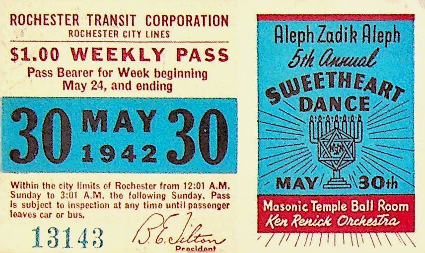 Rochester City Trolley & Bus Lines Pass May 30 1942 Aleph Zadik Aleph Dance