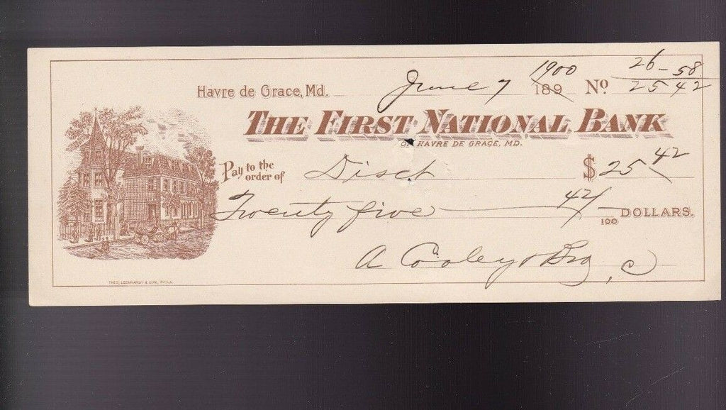 First National Bank Havre de Grace Md Vintage Used Bank Check 1900