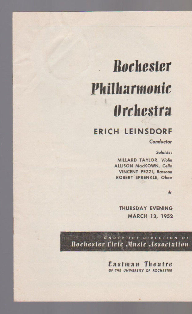 Rochester Philharmonic Orchestra March 13 1952 Millard Taylor Vincent Pezzi