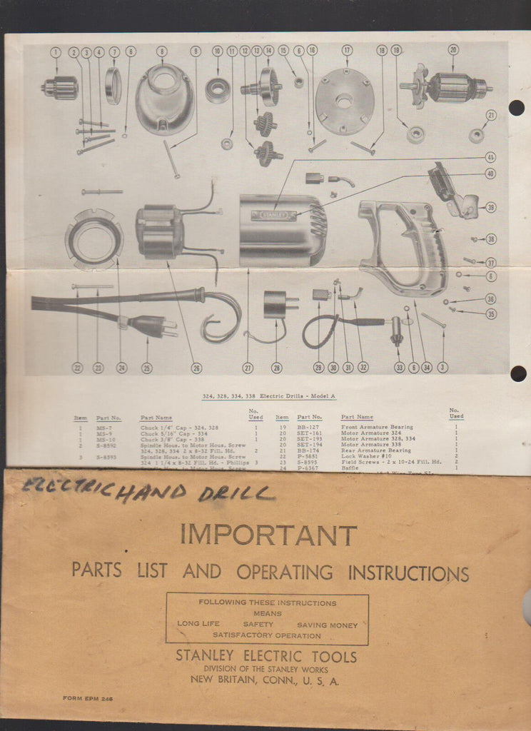 Stanley Electric Hand Drill Parts List & Operating Instructions 324 328 334 338