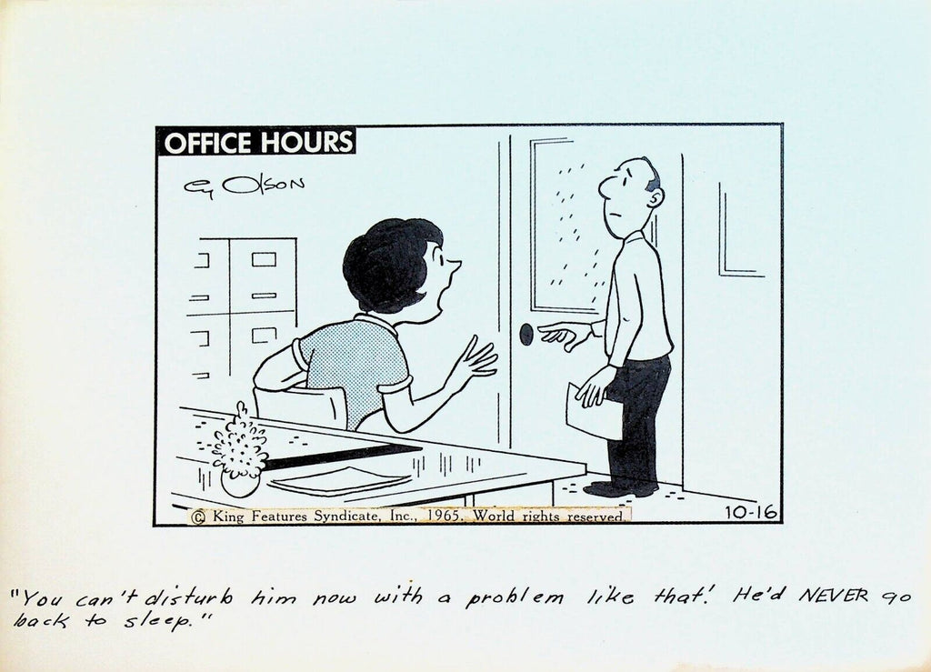 Office Hours by Cy Olson Original Comic Strip Art October 16 1965 Manager Asleep