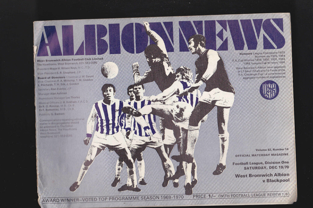 Albion News Dec 19 1970- West Bromwich Albion v Blackpool- w Asbestos ad