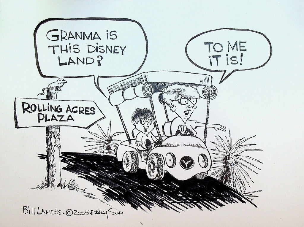 Bill Landis Original Cartoon Art The Villages Daily Sun 2005 Rolling Acres Plaza