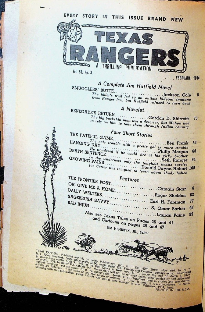 Texas Rangers Pulp February 1954 Jackson Cole Jim Hatfield Seth Ranger Ben Frank