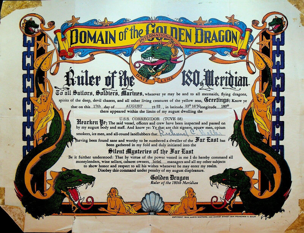 Domain of the Golden Dragon Ruler of the 180th Meridian Certificate 1952
