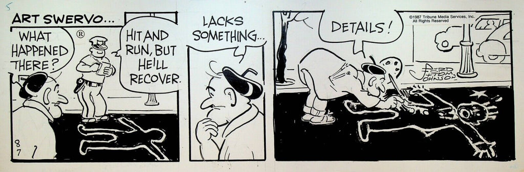 Moon Mullins Original Comic Strip Art Ferd & Tom Johnson August 7 1987 Hit & Run