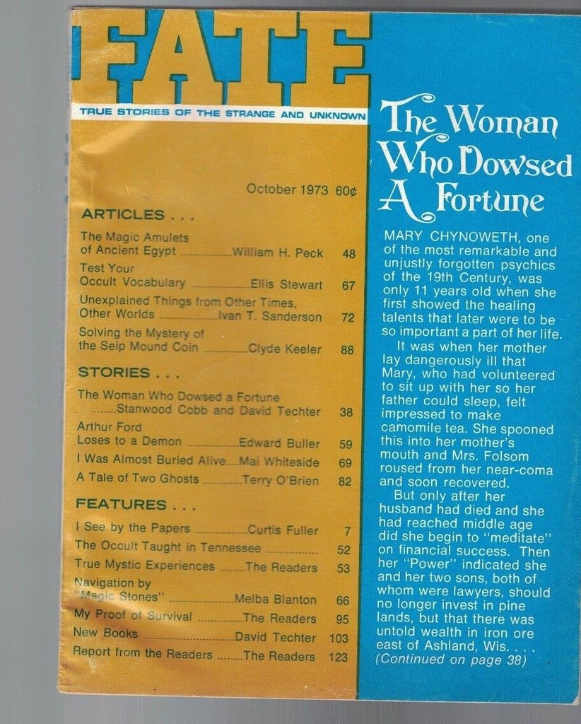 Fate Magazine October 1973 True Stories of the Strange & Unknown Selp Mound Coin