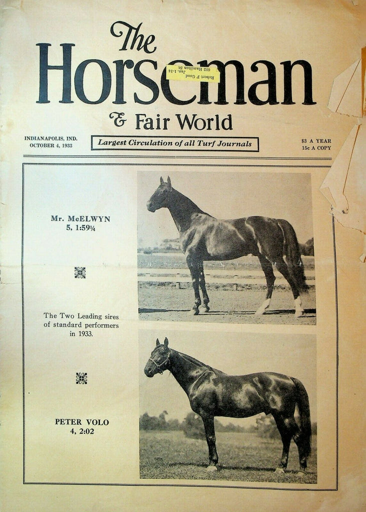 Horseman & Fair World Magazine Harness Racing October 4 1933 Peter Volo
