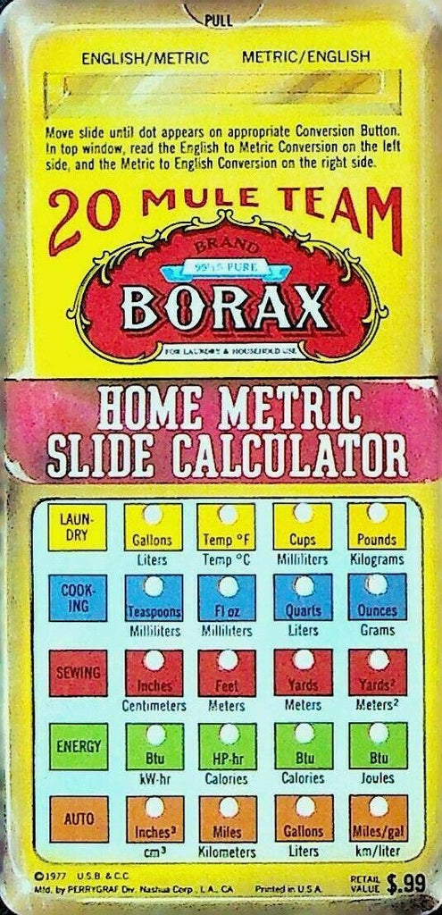 Borax 20 Mule Team Home Metric Slide Calculator 1977