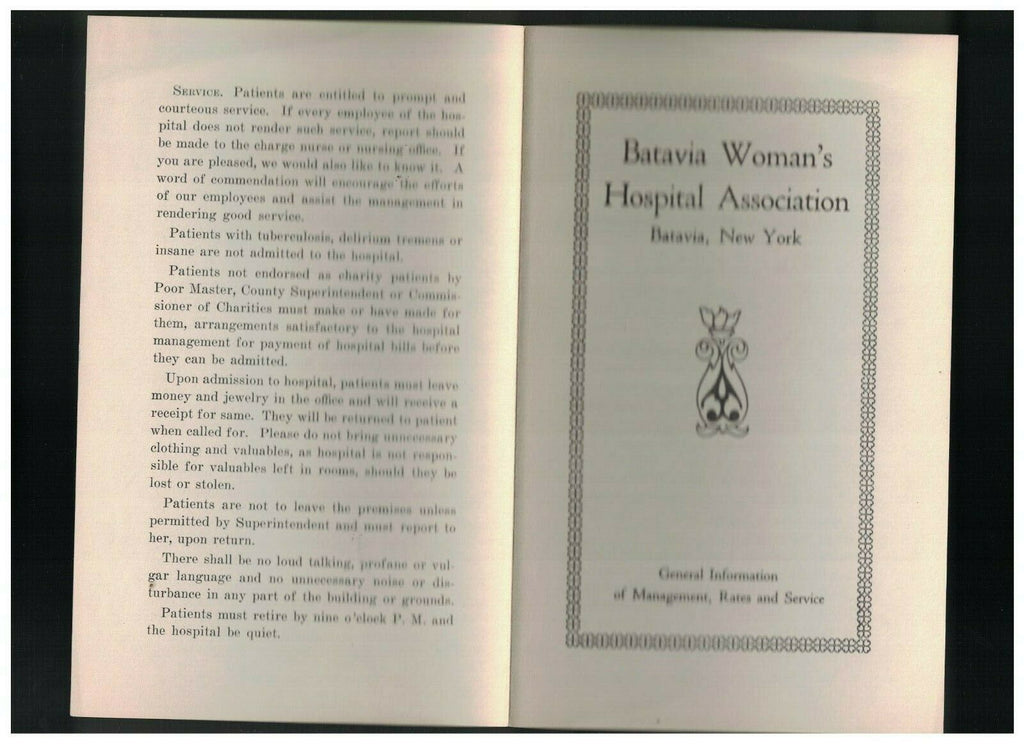 Batavia Woman's Hospital Association General Information Brochure NY 1900s