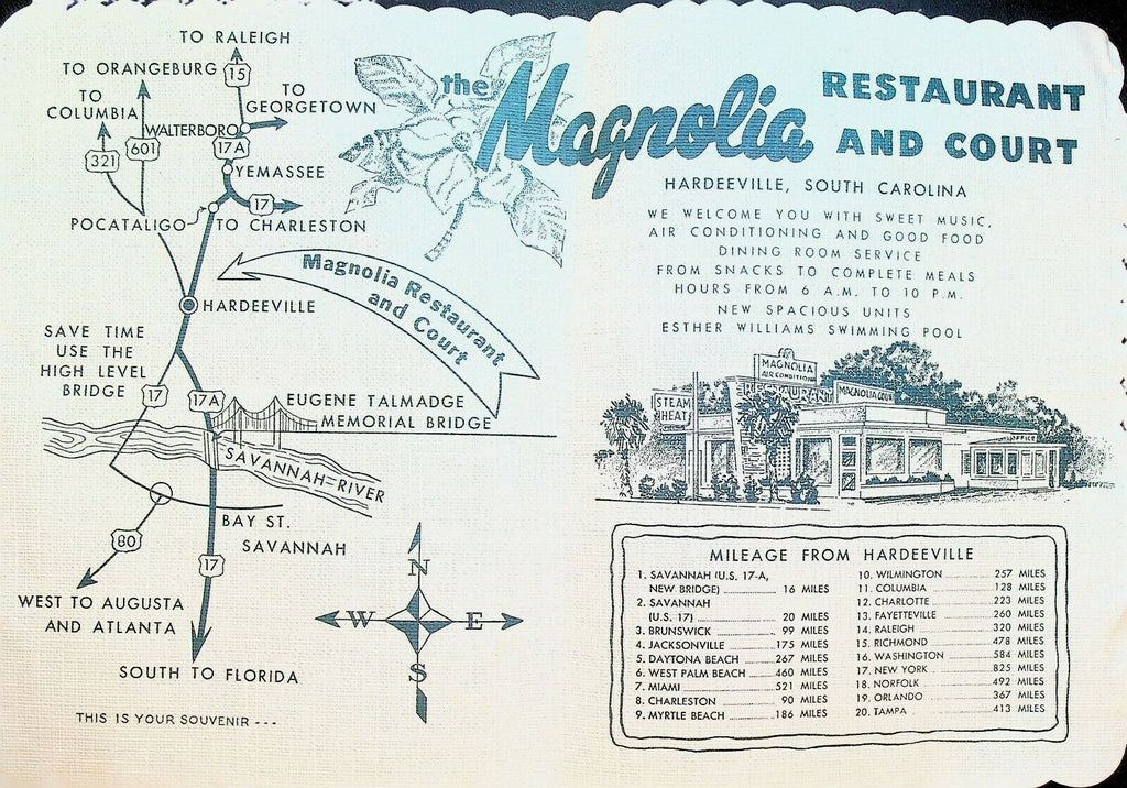 Magnolia Restaurant & Court Hardeeville SC Placemat 1950s