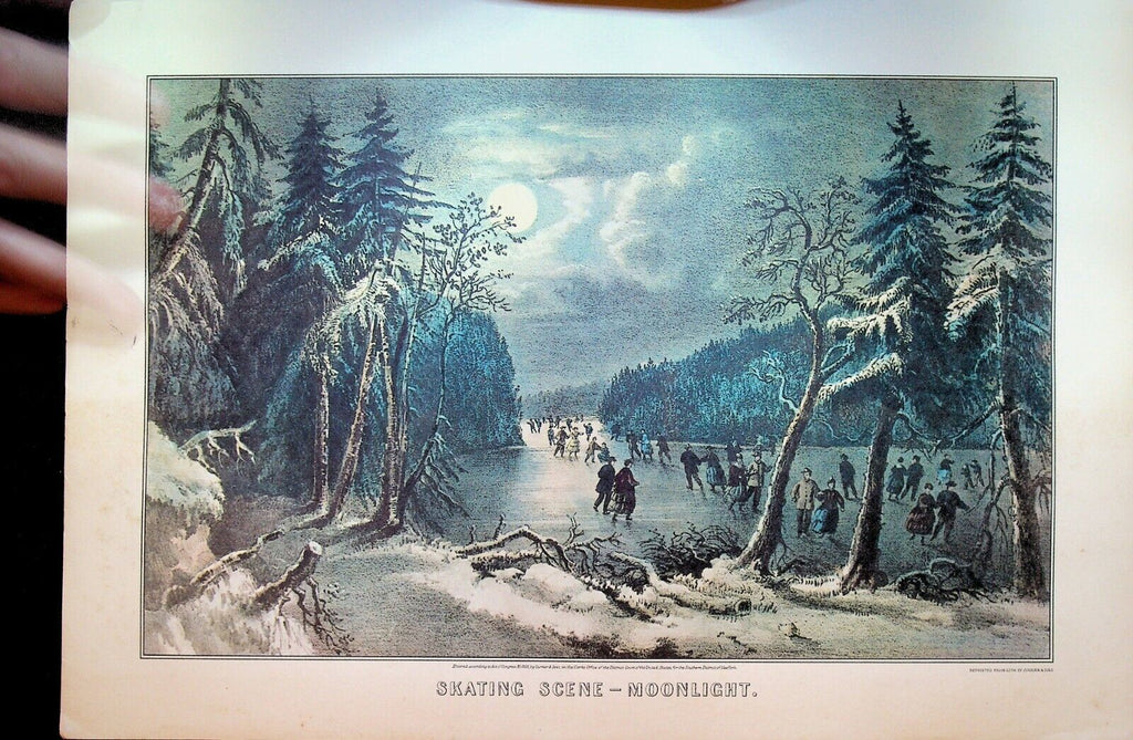 Currier & Ives Calendar Topper 1970 Ice Skating Scene Moonlight